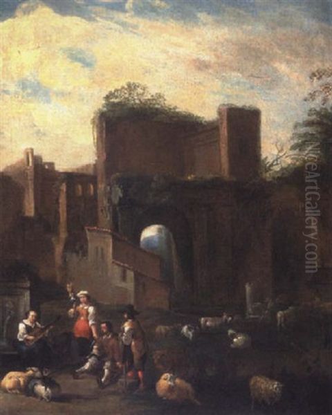 Peasants And Animals By Fortified Town Wall Oil Painting by Michelangelo Cerquozzi