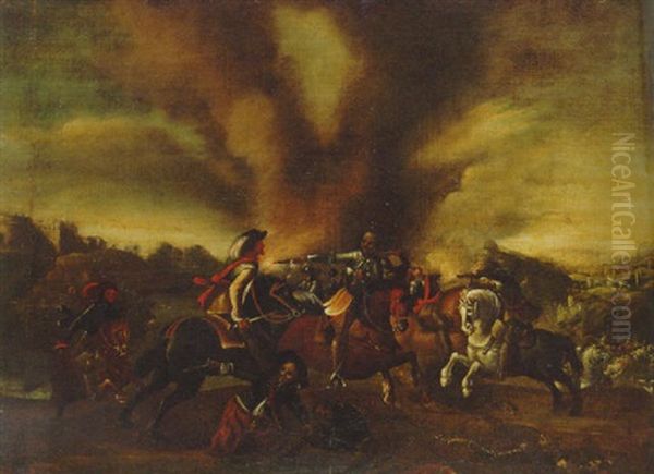 A Cavalry Skirmish Oil Painting by Michelangelo Cerquozzi