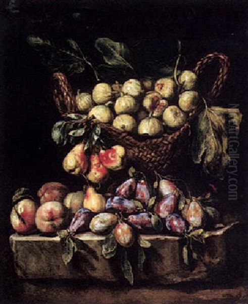 Still Life Of Peaches, Plums, Pears, And Figs In A Basket, All On A Stone Plinth Oil Painting by Michelangelo Cerquozzi