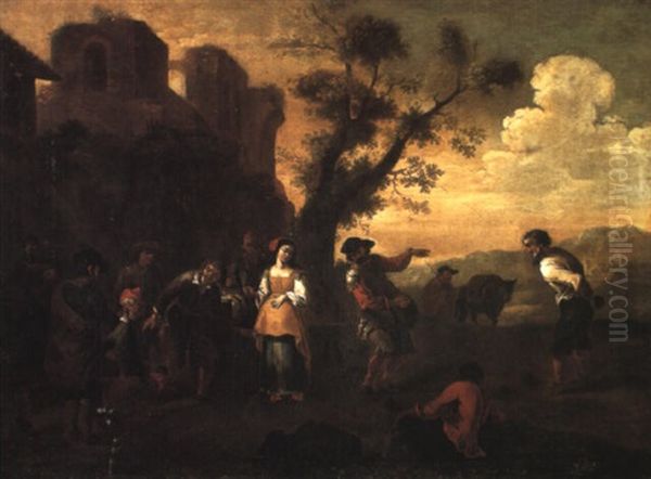 Peasants Dancing Beside The Walls Of A Fortified Town Oil Painting by Michelangelo Cerquozzi