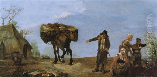 Italian Peasants Picking Berries At A Roadside With A       Traveller Asking Directions, His Mule Running Away Oil Painting by Michelangelo Cerquozzi