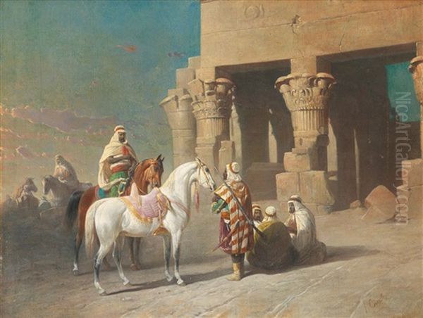 Halte De Cavaliers Devant Le Temple D'edfou Oil Painting by Felice Cerruti-Beauduc