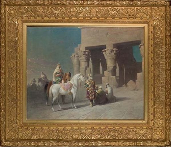 Chefs Bedouins Devant Le Temple De Horoeris Et Sobek A Kom-ombos En Haute Egypte Oil Painting by Felice Cerruti-Beauduc