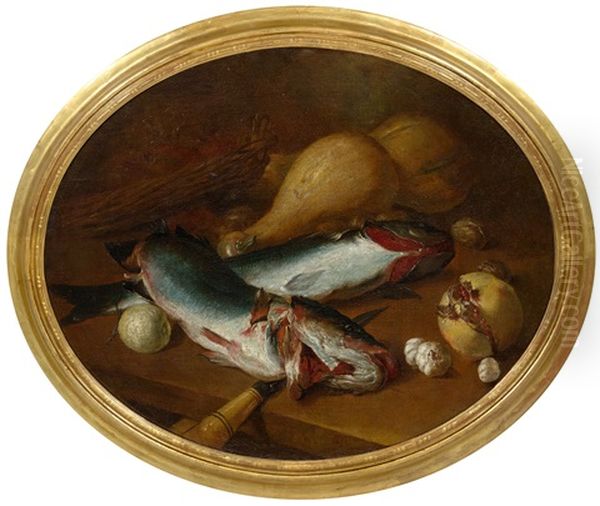 Still Life With Fish, Squash, Garlic And A Pomegranate Oil Painting by Giacomo Ceruti