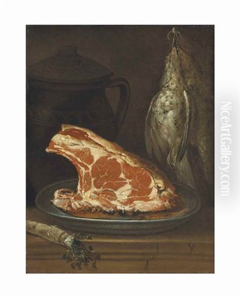 A Platter With Meat And Hanging Game By A Jug Oil Painting by Giacomo Ceruti