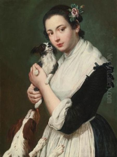 A Young Lady With Two Dogs Oil Painting by Giacomo Ceruti