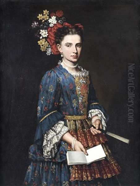 Portrait Of A Lady, Three-quarter-length, In A Blue Embroidered Dress, Holding A Fan by Giacomo Ceruti