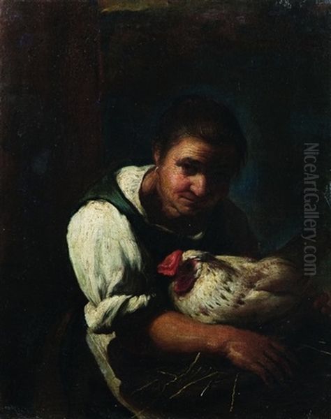 Vecchia Contadina Con Gallina (+ Ragazzo Con Asino; 2 Works) Oil Painting by Giacomo Ceruti