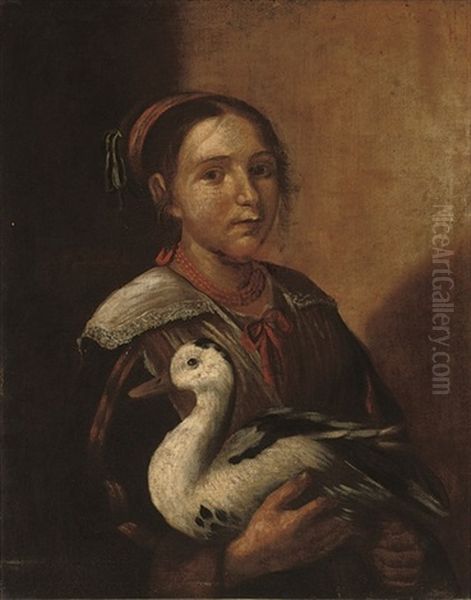 A Young Girl In Peasant Dress, A Duck In Her Arms Oil Painting by Giacomo Ceruti