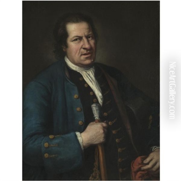 Portrait Of A Gentleman, Half Length, Wearing A Blue Coat And Holding A Cap And Baton Oil Painting by Giacomo Ceruti