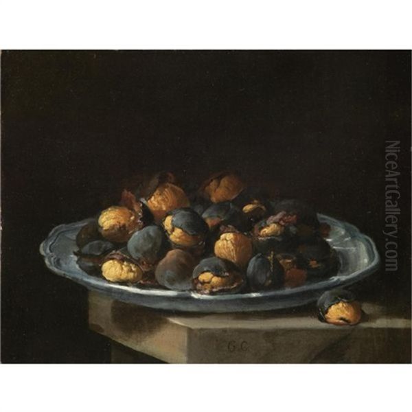 Still Life With Roasted Chestnuts On A White Plate Resting On A Stone Ledge Oil Painting by Giacomo Ceruti