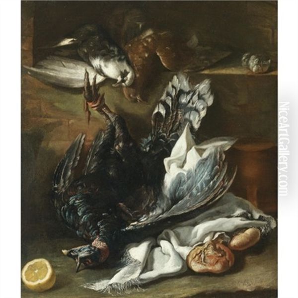 A Still Life With A Turkey, Two Doves And A Lemon Together With Some Onions And Garlic Oil Painting by Giacomo Ceruti