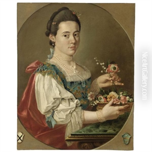 Ritratto Di Gentildonna Con Cesto Di Fiori Oil Painting by Giacomo Ceruti