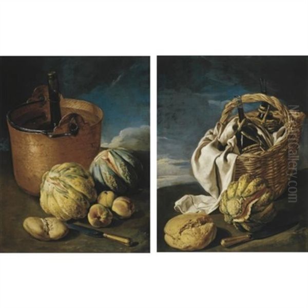 Still Life Of Melons, Peaches, A Knife, Bread, And A Coppper Cooler With A Bottle Of Wine, All In A Stormy Landscape (+ Another, Similar, Pair) Oil Painting by Giacomo Ceruti