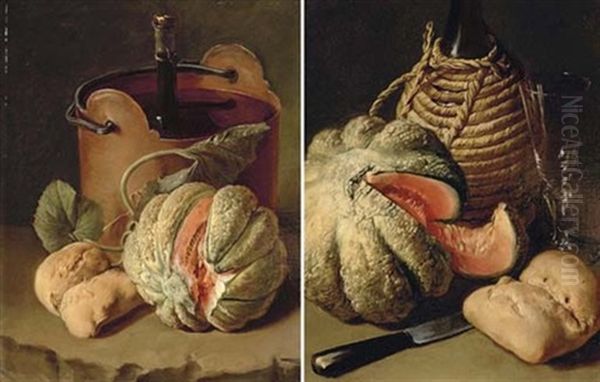 A Bottle Of Wine, A Glass, A Melon, A Bread Roll And A Knife On A Stone Floor (+ A Wine Bottle In A Bucket, A Melon, Vine Leaves And A Bread Roll On A Stone Ledge; Pair) Oil Painting by Giacomo Ceruti