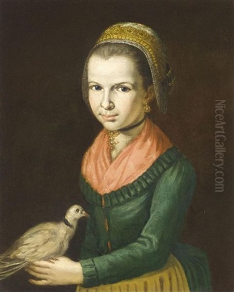 Portrait Of A Young Girl, Three-quarter Length, Wearing A Green Dress, A Red Chemise And An Elaborate Headress, And Holding A Dove Oil Painting by Giacomo Ceruti