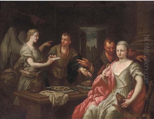 An Angel Appearing As A Messenger To A Family In An Interior Oil Painting by Giacomo Ceruti