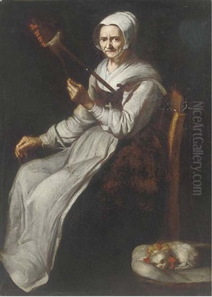 An Old Woman Spinning Wool In An Interior, A Dog By Her Side by Giacomo Ceruti