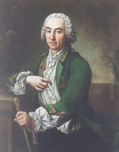 Portrait Of A Gentleman Wearing A Green Coat And Holding A Cane Oil Painting by Giacomo Ceruti