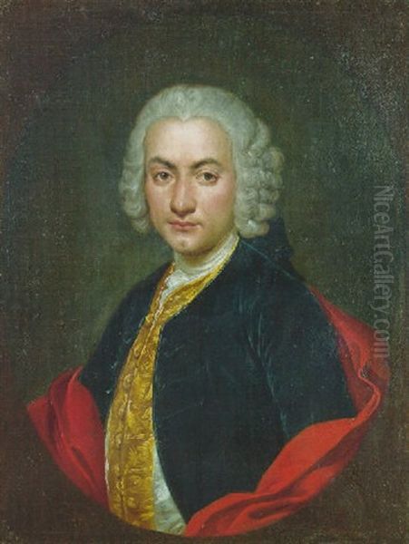 Portrait Of A Gentleman, Half-length, In A Blue Velvet Jacket, A Gold-embroidered Waistcoat And A Red Cape Oil Painting by Giacomo Ceruti