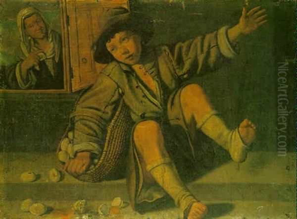 A Young Boy Seated On A Step With A Basket Of Eggs, A Woman Looking Through A Window Beyond Oil Painting by Giacomo Ceruti