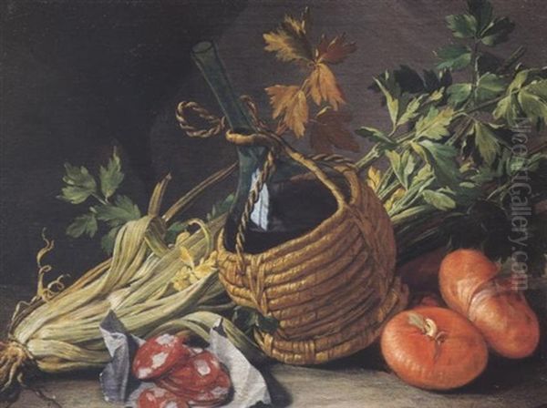 Stilleben Mit Gemuse Und Weinflasche Oil Painting by Giacomo Ceruti