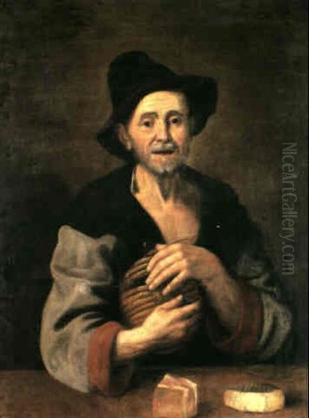 A Portrait Of A Peasant Half Length, Holding A Bottle Of    Wine With Meat And Cheese Before Him On A Table Oil Painting by Giacomo Ceruti