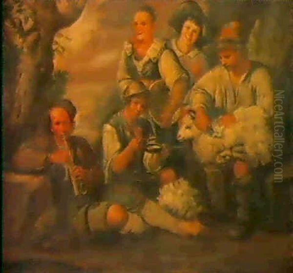 A) Scena Di Genere Con Contadini E Pastore Che Tosa Una     Pecora: B) Scena Di Genere Con Formaggiaro E Contadini Oil Painting by Giacomo Ceruti