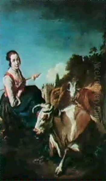 A Girl With A Cow And A Sheep In A Rocky Landscape Oil Painting by Giacomo Ceruti