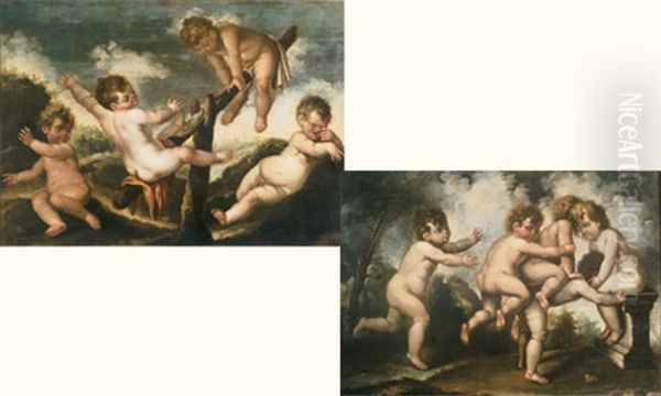 Putti Jouant A La Balancoire (+ Putti Jouant A Saute-mouton; Pair) Oil Painting by Federico Cervelli