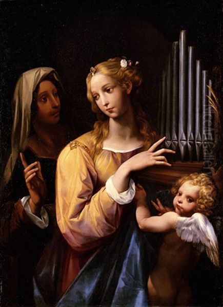 Santa Cecilia Con L'organo Portatile, Un'altra Santa Ed Un Putto Oil Painting by Giuseppe Cesari