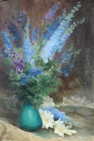 Grand Bouquet De Jacinthes, Lys Et Bleuets Sur Un Entablement Oil Painting by Achille Theodore Cesbron