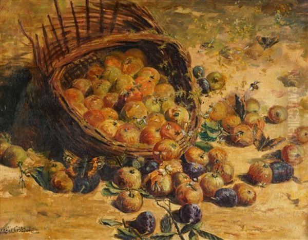 Korg Med Frukt Samt Insekter, Stilleben Oil Painting by Achille Theodore Cesbron