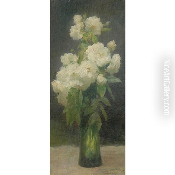 Still Life Of White Roses In A Green Vase Oil Painting by Achille Theodore Cesbron