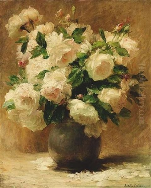 Stilleben Mit Weisen Rosen In Einer Kugelvase Oil Painting by Achille Theodore Cesbron