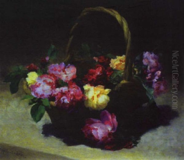 Panier De Roses Oil Painting by Achille Theodore Cesbron