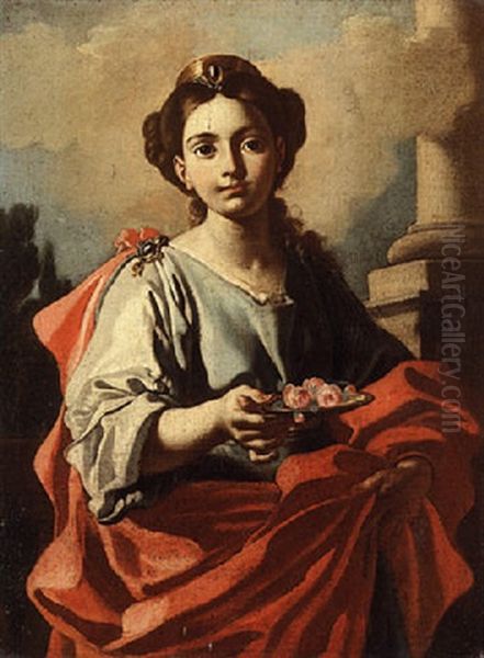 A Female Saint Holding A Plate Of Roses Oil Painting by Jacopo Cestaro