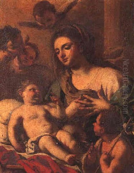 The Madonna And Child With The Infant St. John The Baptist And Three Seraphims Oil Painting by Jacopo Cestaro