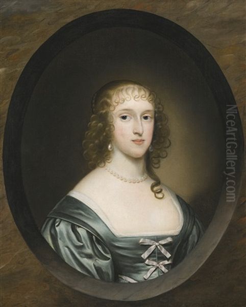 Portrait Of Lady Bowyer, Half Length, Wearing A Green Dress With Ribbons And A Pearl Necklace, In A Sculpted Cartouche Oil Painting by Jonson van Ceulen