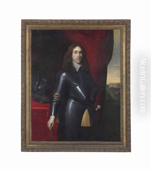 Portrait Of Engelbert Ploos Van Amstel (1632-1680), Three-quarter-length, In Armour, Before A Draped Curtain, Kasteel Gunterstein Beyond Oil Painting by Jonson van Ceulen