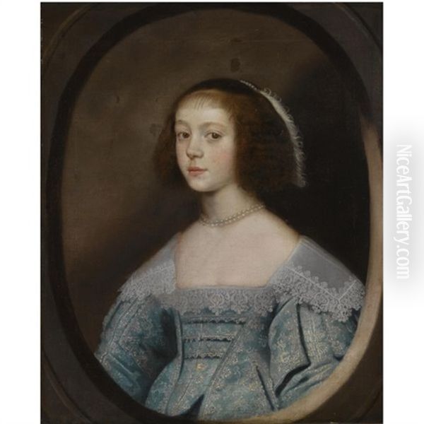 Portrait Of A Young Lady, Wearing A Blue Embroidered Dress And A Pearl Necklace, In A Painted Oval by Jonson van Ceulen