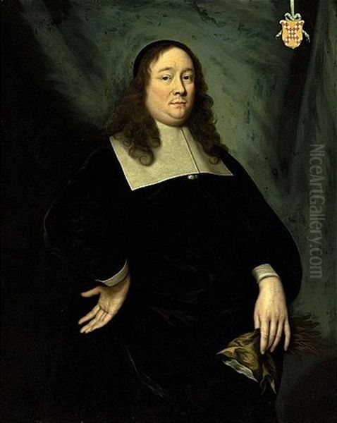 A Portrait Of A Gentleman, Said To Be From The Appeltern Family, Wearing A Black Coat With A White Collar And White Cuffs, Holding A Pair Of Gloves In His Left Hand Oil Painting by Jonson van Ceulen