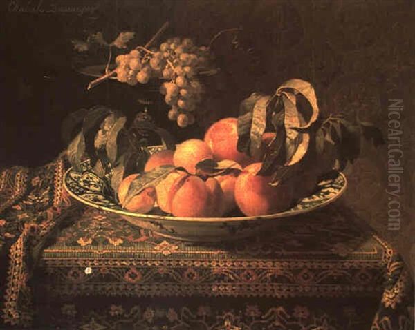 Peaches In A Bowl On A Draped Table Oil Painting by (Pierre-Adrien) Chabal-Dussurgey