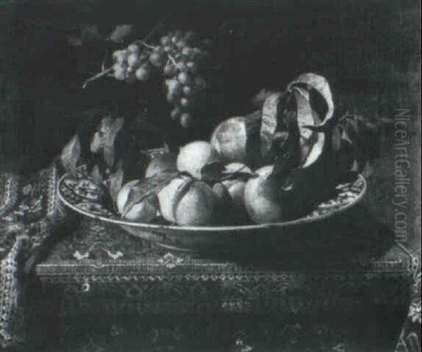 Still Life Of Peaches And Grapes Oil Painting by (Pierre-Adrien) Chabal-Dussurgey