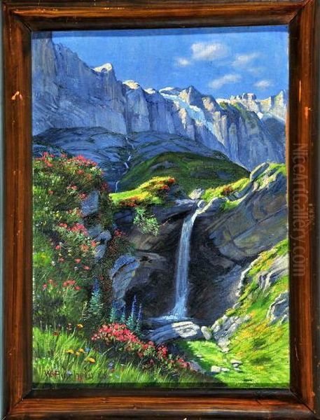 Wasserfall In Bluhender Gebirgslandschaft Oil Painting by Wilhelm Amrhein