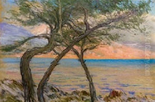 Pins Au Bord De La Mer, Soleil Couchant Oil Painting by Arsene Chabanian