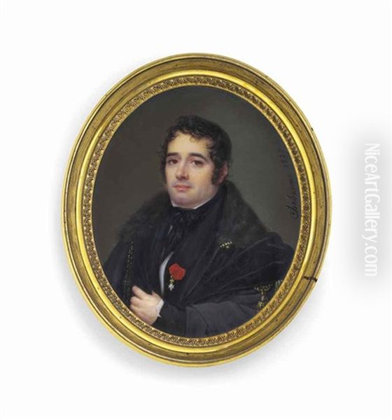 A Young Gentleman, In Black Coat, White Shirt And Knotted Black Silk Cravat, Wearing A Red Badge With A Maltese-shaped White Cross Attached At His Lapel Oil Painting by Emmanuel Flavien Chabanne