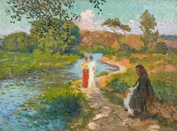 Promenade En Bord De Riviere Oil Painting by Maurice Chabas