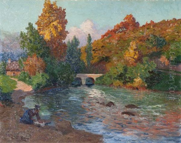 Paysage A La Riviere Anime D'une Lavandiere Oil Painting by Maurice Chabas