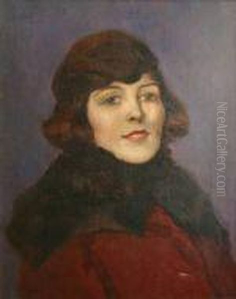 Portrait Of A Young Lady In A Red Coat With Fur Collar Oil Painting by John Henry Amschewitz